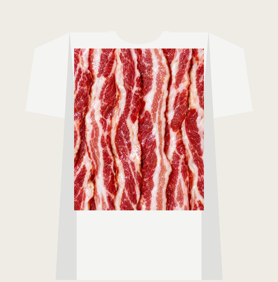 BACON on a white tee